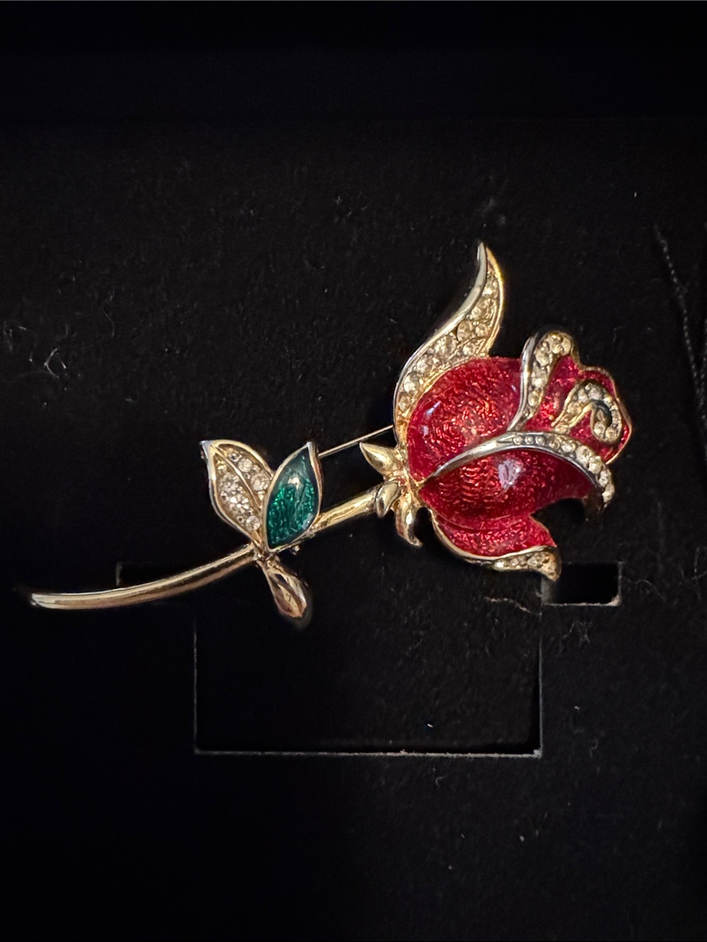 Vintage Gold-Tone Red Rose Brooch with Green Leaf Accents